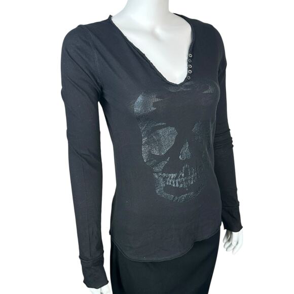 Zadig & Voltaire Top Tshirt Womens Small Skull Long Sleeve Distressed Black - Picture 2 of 9